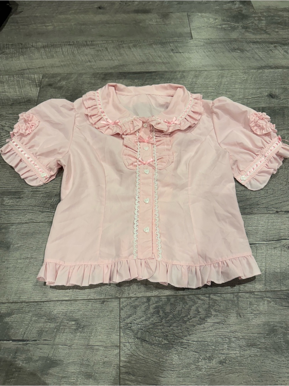 Pink Lolita Solid Ruffle Lace Collared Button Cotton Puff Sleeve Blouse, Size L